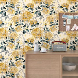 EPPKILY Yellow Rose Wallpaper Peel and Stick Wallpaper Vintage Floral Wallpaper Oil Painting Floral Contact Paper Large Floral Wallpaper Removable Wallpaper for Bedroom Walls Shelf Liner 17.5"x102"