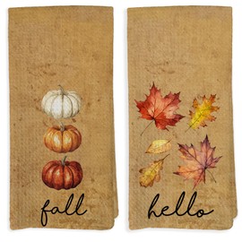 VRW Vintage Fall Pumpkin Kitchen Dish Towels, Rustic Autumn Leaf Pumpkin Hand Tea Towels for Kitchen Bathroom Decorations, Cottagecore Autumn Towels Gifts for Women Men, 16x24 Inches Set of 2