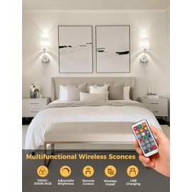 DORESshop Battery Operated Wall Sconce Set of 2, Wireless Wall Light Easy to Install, 7 Color Rechargeable Wall Sconces, Sconce Wall Decor Set of 2 for Bedroom, Living Room, Chrome, 24.6in