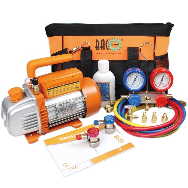 BACOENG 3.5CFM 1/4HP Single Stage HVAC Vacuum Pump and R134a Manifold Gauge Set for R134a R12 R22 A/C Air Conditioning Refrigeration, Includes R134a Can Tap and Carry Bag