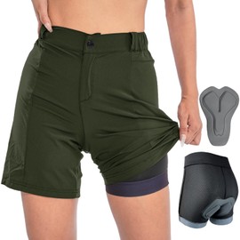 Womens Mountain Bike Shorts 2 in 1 Padded Cycling Women Biking Underwear with Padding Riding Bicycle Shorts Zipper Pocket Olive Green