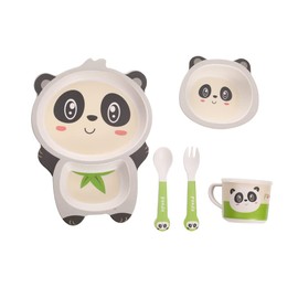 Fekdod Kids Dinnerware Set Bamboo 5 Pcs with Plate Bowl Cup Fork Spoon (Panda)