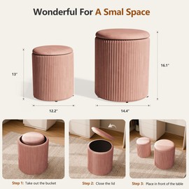 infurnic Ottoman with Storage Set of 2, Velvet Storage Ottoman, Upholstered Sponge Vanity Stool Support 300lbs, Multifunctional Coffee Table Foot Rest Ottomans for Living Room Bedroom, Pink