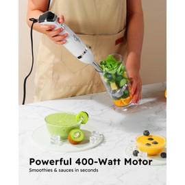 Sangcon Immersion Blender Handheld, 3-in-1 Hand Blender Electric, 400W Handheld Blender, Stainless Steel Blade Stick Blender with Whisk, Milk Frother Attachments - White