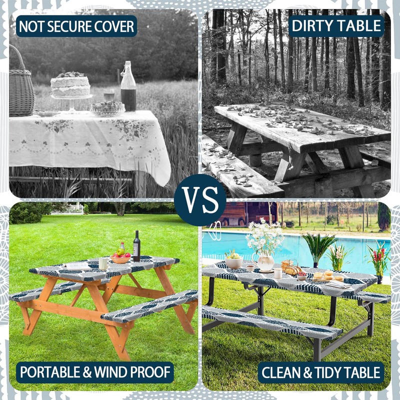 JAWO Blue and Grey Picnic Table Cover with Bench Covers,