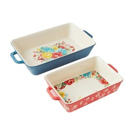2-Piece Rectangular Bakeware Set, Stoneware Baking Dishes with Handles, Floral Design, Blue and Red