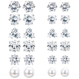 Subiceto 10 Pairs Stainless Steel Magnetic Stud Earrings for Women Men Non Piercing Cz Hypoallergenic Round Square Star Heart Pearl Clip on Earrings Set 6/8mm Silver
