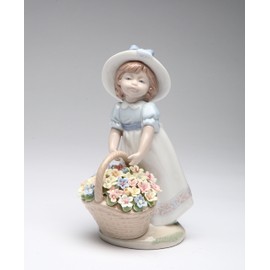 Cosmos Gifts 96648 Fine Elegant Porcelain Girl in Hat Gathering a Bouquet Basketful of Flowers Figurine Nadal Figurine, 7" H