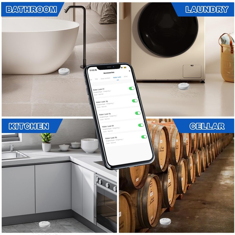 WiFi Water Leak Detectors 5 Pack, 120dB Adjustable Loud Water