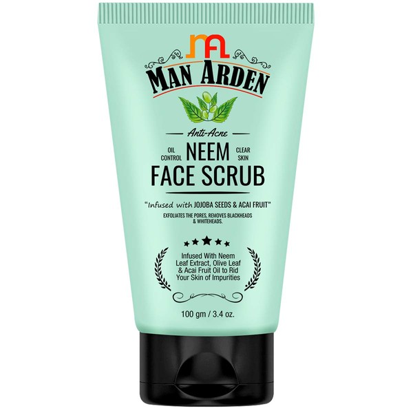 Man Arden Anti Acne Neem Face Scrub - For Oil Control And Clear Skin - Infused With Jojoba Seeds, Neem Extract, Olive Leaf And Acai Fruit Oil, 100g