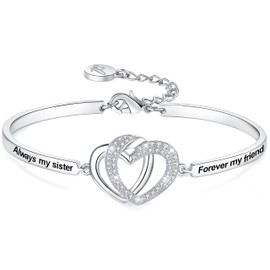 Aihitero Christmas Sister Gift from Sister, Engraved ‘Always My Sister Forever My Friend’ Love Heart Bangle Bracelet, Women Girl Jewelry Birthday Valentines Day Xmas Present from Brother Siblings BFF
