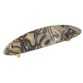 French Amie Slim Oval Celluloid Handmade Onyx Silver Grey Automatic Hair Clip Barrette with Golden Clasp