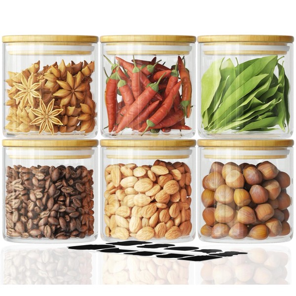 SODSAI 6 Piece Glass Storage Jars Set with Airtight Bamboo