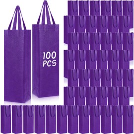 Windyun Wine Gift Bags with Handle Reusable Small 13.8x3.5x3.9 Inches Liquor Bottle Totes Bulk for Birthday Wedding Christmas Holiday Party(100 Pcs,Purple)