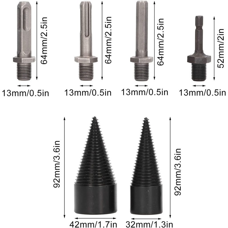 Lehelife 6pcs Firewood Log Splitter Drill Bit Removable Cones Wood