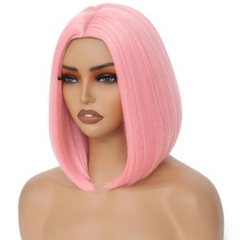 Pink Bob Wig for Women 12 Inch Straight Pink Wigs Middle Part Heat Resistant Synthetic Wig