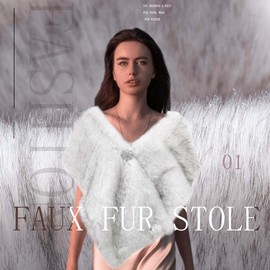 CanB Women's Faux Fur Shawl Wedding Fur Wraps and Shawls Fur Evening Cape Shrug Winter Stole Scarf for Women and Girls (White fox)