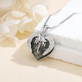 RN Gifts for Nurses 925 Sterling Silver Registered Nurse Caduceus Angel Wing Heart Pendant Necklace Nurse Nursing School Graduation Gifts for Women-Moss Agete