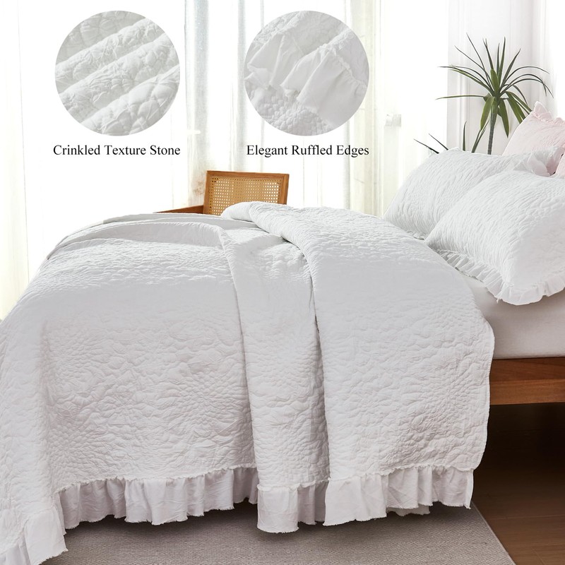 WINLIFE Bright White Ruffled Quilt Set 3pcs Queen 90''x98'' -