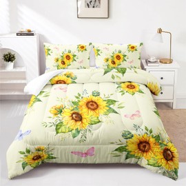 Nttopship 3 Piece Sunflower Comforter Sets Full Size,Vintage Floral Bedding Set for Girls Boys Adults,3 Piece Bed in A Bag,Ultra Soft Microfiber All Season Yellow Flower Bedding Set