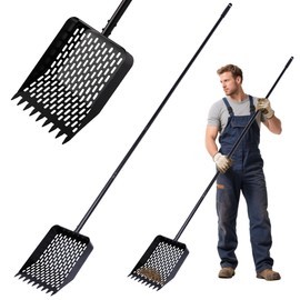 DOODLEBEAN Chicken Poop Scooper & Rake 2-in-1 Metal Coop Shovel 9.8 inches Sand Sifting Shovel with 43" to 90" Adjustable Stainless Steel Handle Cleaning Tools for Chicken Coops & Farm Animals Scoop