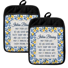 HUGANE Blue and White Floral Lemon Pot Holders for Kitchen, Lemon Housewarming Gifts for Women, Italian Blessing Heat Resistant Hot Pads and Oven Mitts for Baking Cooking, Italian Kitchen Decor