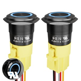 FILN 2PCS 19mm (3/4'') Momentary Push Button Switch 12V 24VDC On-Off With LED Ring Head 1NO1NC Socket Plug With Wire Black Shell for Car Boat and Panel Control (Black Plated Blue)