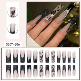 Press on Nails Long Coffin Shaped Glossy Full Cover Acrylic Square Long False Nails with Designs Artificial Extra Long Coffin Fake Nails with Charm Glue Stick on Fingernails for Women Girls(SGCY306)