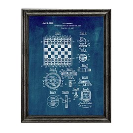 Convertible Chess and Checker Game Piece Patent Art Midnight Blue Print in a Black Wood Frame (8.5" x 11") M12798