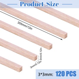 120 Pcs Balsa Wood Sticks, 1/8 x 1/8 x 12 Inch Square Wood Dowel Rods Wooden Sticks for Crafts Unfinished Hardwood Sticks for DIY Crafting Model Making Home Decor
