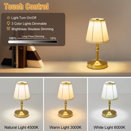 Cordless Mini Lamps Gold,3000 mah Battery Operated Lamp,3 Color Temperature Dimmable Table Lamp,Small Rechargeable Table Lamp Fabric,Aesthetic Small kitchen Lamp for Counter,Dinner (Gold,2 Pack)