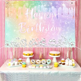 Sursurprise 5x3ft Iridescent Diamond Happy Birthday Backdrop Banner Photography Background Photo Booth Studio for Girls Women Iridescent Diamond Birthday Decorations Party Supplies