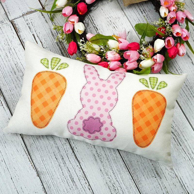 ONWAY Easter Bunny Carrot Pillow Cover 12x20 Inch Pink Rabbits