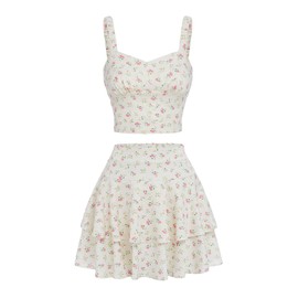 BEAUDRM Girl's 2 Piece Floral Print Sleeveless Shirred Cami Top and Tiered Layer Ruffle Hem Skirt Sets Beige 10-11Y