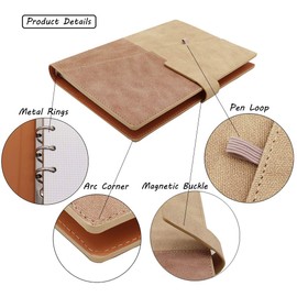 TSY A5 Spiral Notebook Organizer, 6 Rings Refillable Notebook Planner Journal Travel Notebook with Magnetic Button and Pen Holder, Line, 80 Sheets, Beige