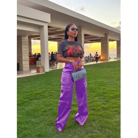 Womens Satin Cargo Pants Casual High Waisted Wide Leg Baggy Pants with Pockets Y2K Parachute Trousers,Purple,XL