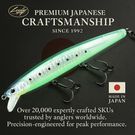 LUCKY CRAFT FlashMinnow 110, 727 Super Glow OB Ghost Sardine, Saltwater Fishing Lures, Jerkbait Surf Fishing Gear, Halibut and Bass Lures, 1-2 ft Slow Suspending Topwater Lure