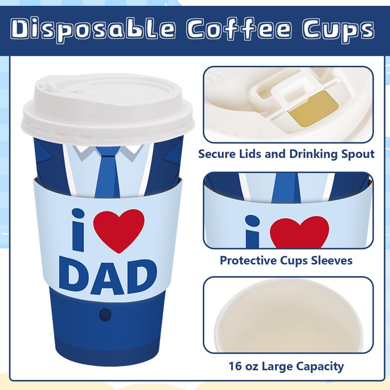 48 Set Father's Day Disposable Coffee Cups with Lids Sleeves