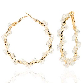 Sparkle Rhinestone Crystal Wrapped Hoop Earrings Glitter Shiny Beads Twist Large Circle Earrings Loop for Women Party Bridal Wedding Statement Jewelry-round white