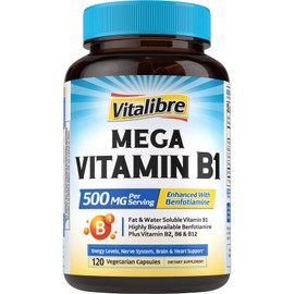Vitalibre Mega Vitamin B1 500 MG, with Highly Bioavailable Benfotiamine, Energy Levels, Glucose Metabolism, Nerve System Brain Heart, Vitamin B12, B6, B2, B1 Vitamin B Complex, Vegan, 120 Capsules