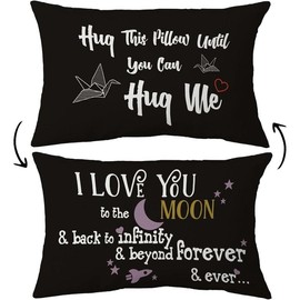 I Love You to The Moon and , Hug This Pillow Until You Can Hug ME Reversible Throw Pillow Case, 12 x 20 inch Home Decor Cushion Cover, Long Distance Relationship Gifts,  Boyfriend(Black) - Colour: Hug1