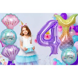 Mermaid Birthday Party Decorations, Mermaid Birthday Party Supplies Included Mermaid Tail Seashell and 40 Inch Purple Number 4 Balloons, Girl's 4th Birthday Party and Baby Shower