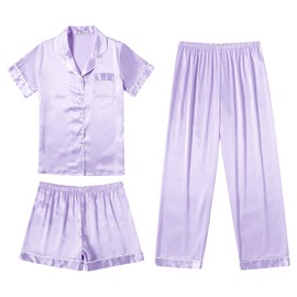 Ekouaer Silk Satin Pajama Set for Women Soft Short Sleeve Button Down Pj Sets 3 Piece Sleepwear Loungewear,Lilac,S