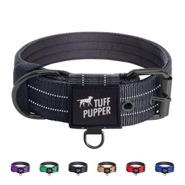 Tuff Pupper Heavy Duty Tactical Dog Collar | 1.5" Wide Ballistic Nylon | Reflective Stitching | Integrated ID Tag Holder | Stainless Steel Buckle | Padded Lining | Medium & Large Dogs (Black, Large)