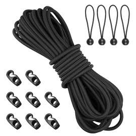 Bungee Shock Cord,Elastic Rope,Bungee Straps,Kayak Elastic Cord,Marine Grade Shock Cord Ends,Kayak Bungee Cord Replacement Kit,Stretch String with Hooks& Bungees Ball Cords - 1/5'' x 19.6ft, Black