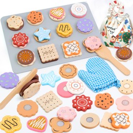Masonbaby Wooden Cookie Baking Playset - 29PCS Pretend Play Food with Cutting & Slicing, Toddler Learning Toys for Kids Ages 3+ | Educational Kitchen Accessories Birthday for Boys Girls