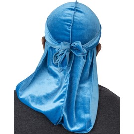 Veeta Durag de terciopelo superior – Durags de terciopelo suave para hombres y mujeres, correas largas dobles anchas, forro Durag sedoso, triple costura, Azul bebé, Talla única
