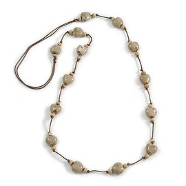Avalaya Antique White Ceramic Heart Bead Brown Silk Cord Long Necklace/90cm L/Adjustable/Slight Variation In Colour/Natural Irregularities