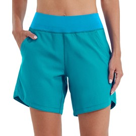 Willit Pantalones cortos de natación para mujer de 7 pulgadas UPF 50+ cintura alta con bolsillos forro, atolón, talla 10