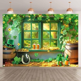 Luminora 7x5ft Fabric St. Patrick's Day Backdrop Spring Window Green Scenery Irish Shamrock Gold Coin Photography Background Festival Holiday Party Decor Photo Props
